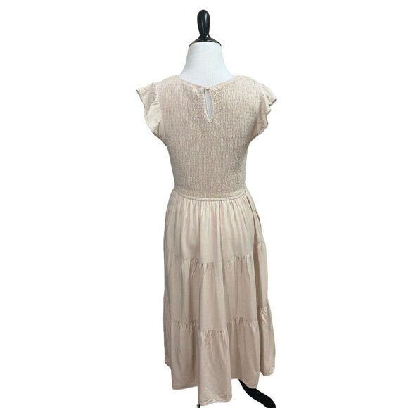 Zesica Women's S Small Peasant Midi Dress Smocked Cap Sleeves Boho Beige - Picture 6 of 8